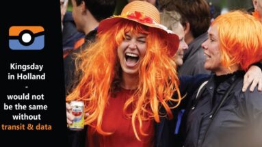 Two women with orange wigs celebrating Kingsday. On the left is a black panel on which there is text which says: Kinsday in Holland would not be the same without transit & data.